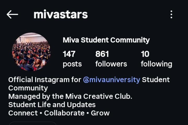 Instagram profile for @mivastars, the Miva Student Community page run by Creatives Club members.