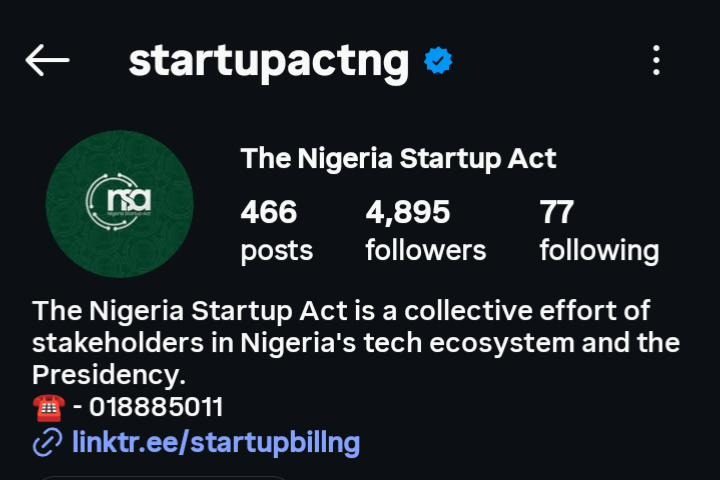 Instagram profile for @startupactng, The Nigeria Startup Act.