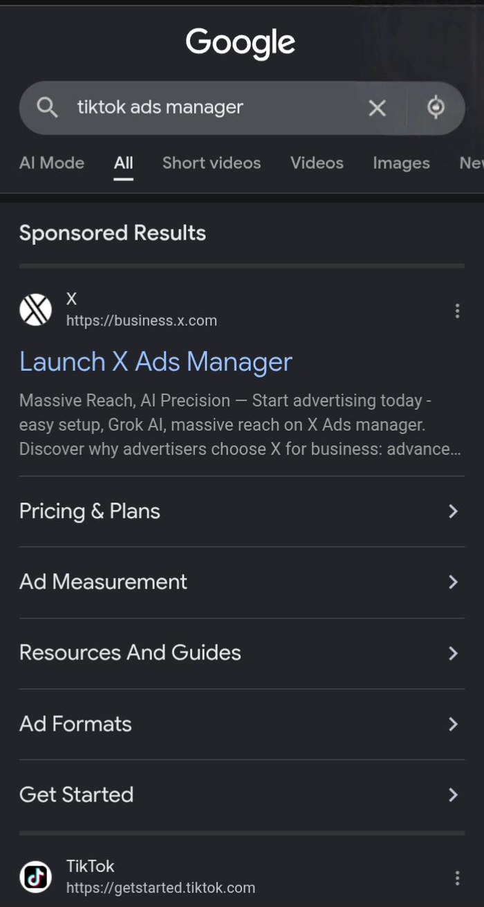 A Google search result where a competitor ad sits above the product being searched for.